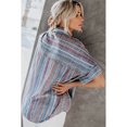 thumbnail image 3 of Women's V Neck Stripes Roll up Sleeve Button Down Shirt, 3 of 6