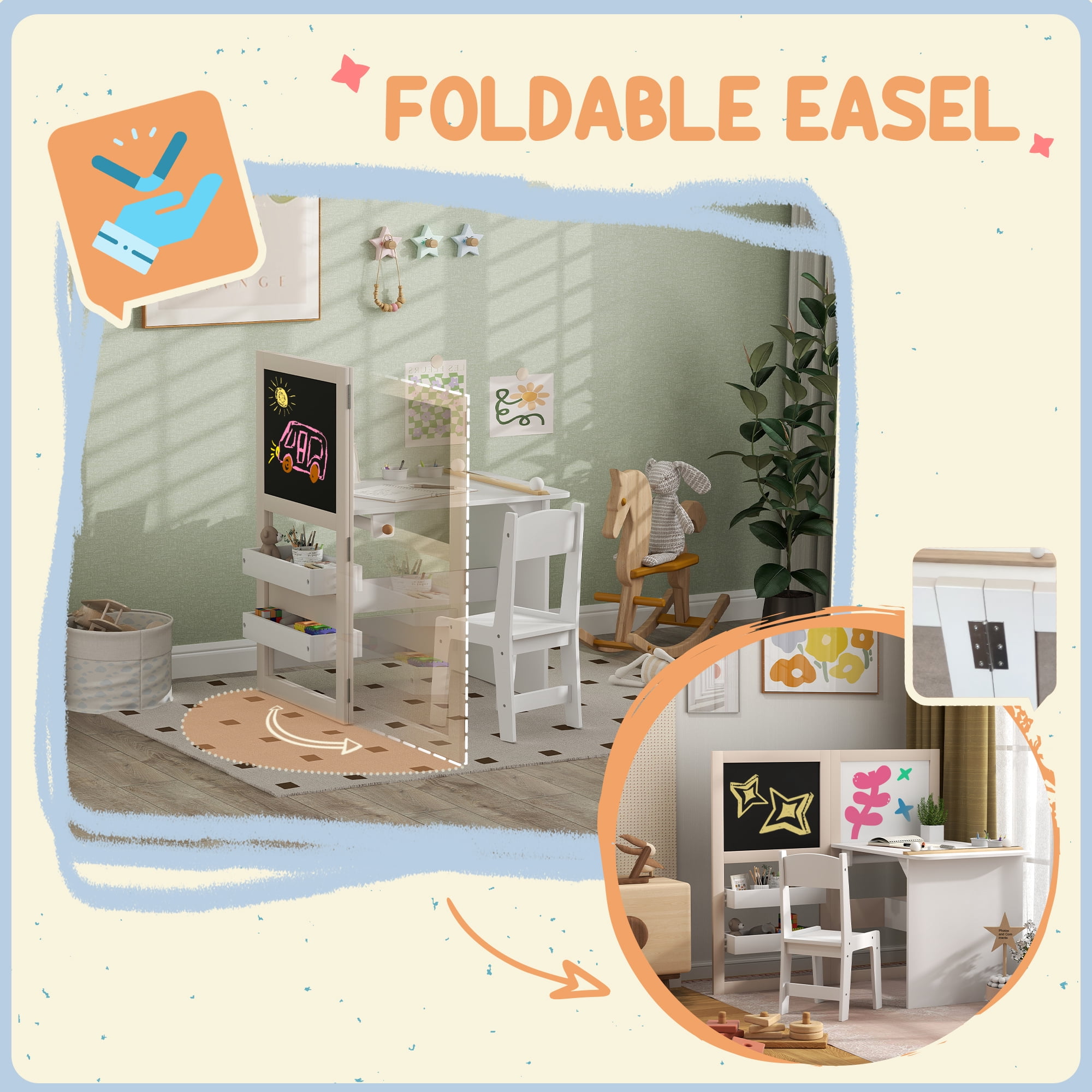 Homiyad 3 in 1 Kids Table and Chair Set with Storage, Whiteboard, Blackboard & Roll Paper for 3-8 Years, White