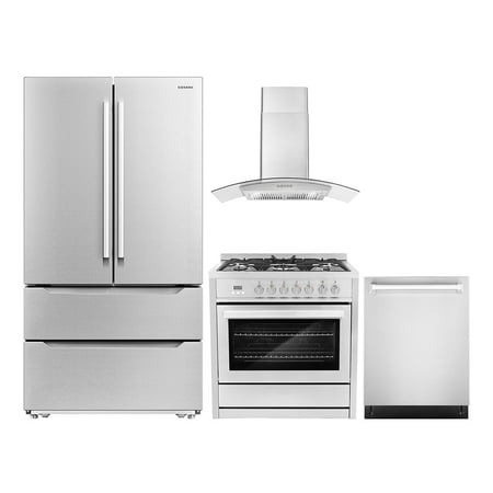 Cosmo 4 Piece Kitchen Appliance Package with 36  Freestanding Dual Fuel Range 36  Wall Mount Range Hood 24  Built-in Integrated Dishwasher &amp; French Door Refrigerator Kitchen Appliance Bundles