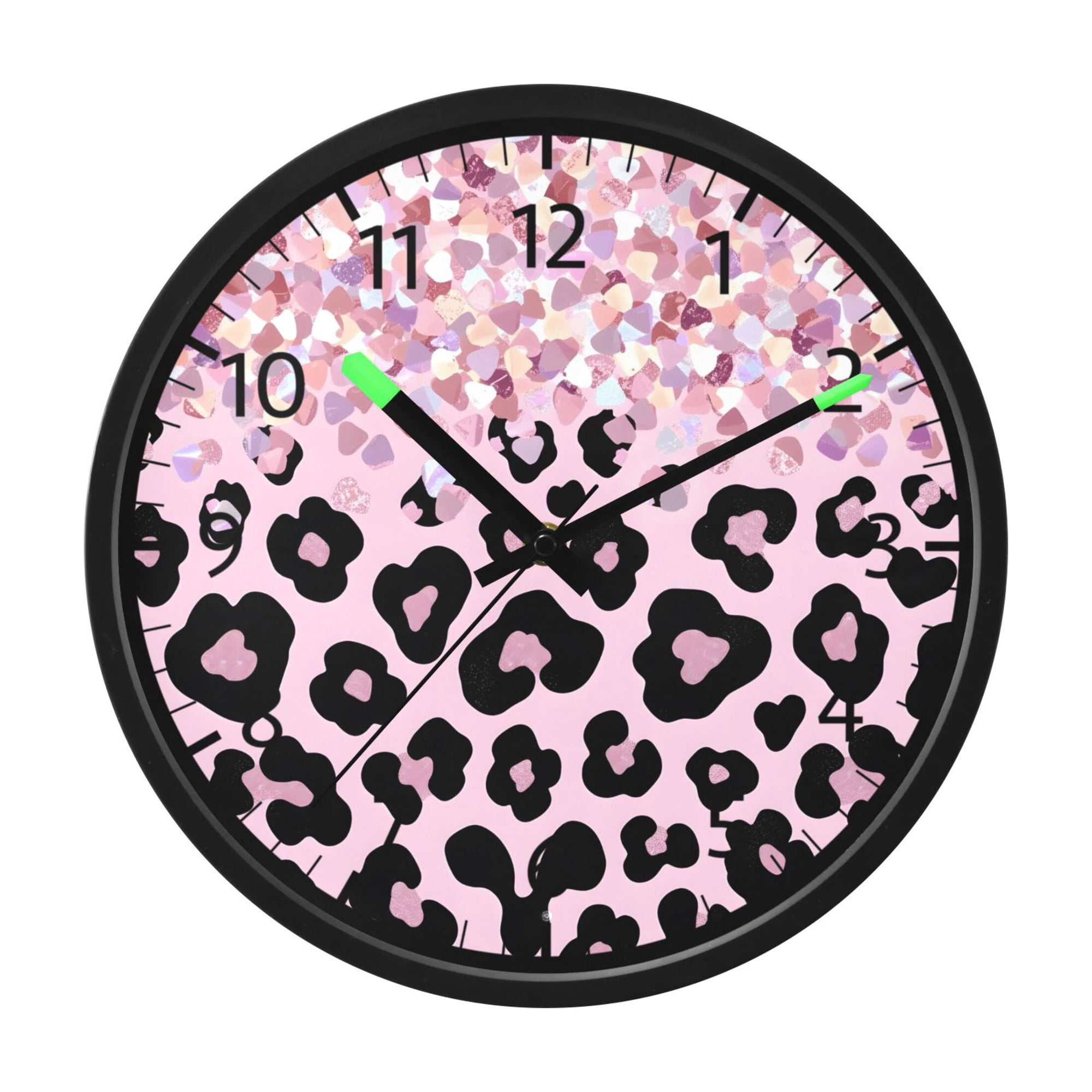 BZSMCE Silent Voice Activated LED Night Light Wall Clock 12 Inch With 12in Clock with Pink Sparkly Glitter Leopard Print Decor Clock