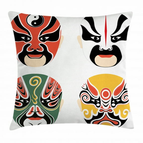 Kabuki Mask Decoration Throw Pillow Cushion Cover, Cultural Drama Costumes Artistic Orient Masks Ethnic Mystic Details, Decorative Square Accent Pillow Case, 18 X 18 Inches, Multicolor, by Ambesonne