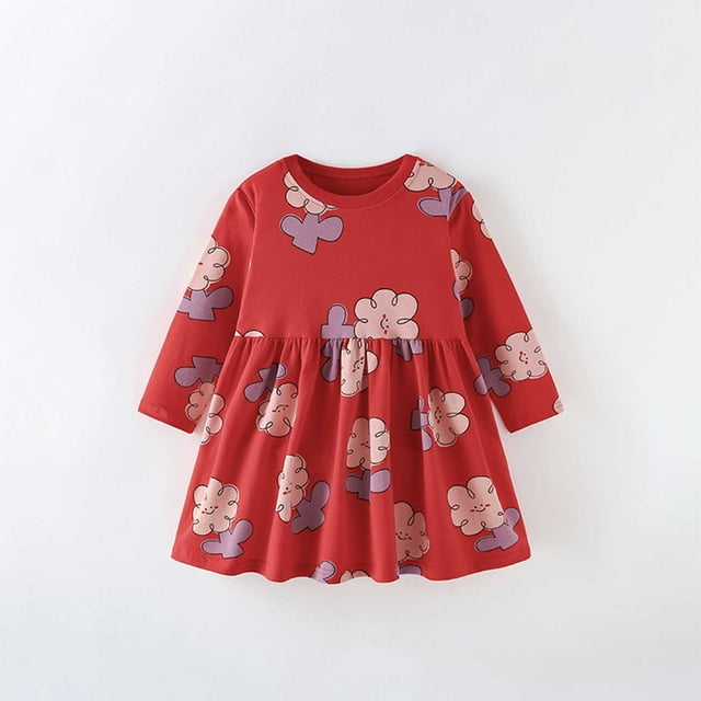 Robes pour Filles à Manches Longues à Col Rond Robe Décontractée Mignonne Imprimée pour Tout-Petits Enfants Tissu Confortable et Doux Tenue de Tous les Jours Robe Légère pour Fille Robe Chocolat pour Filles Robes de Pâques pour Enfants Robe pour Fille 24 Mois