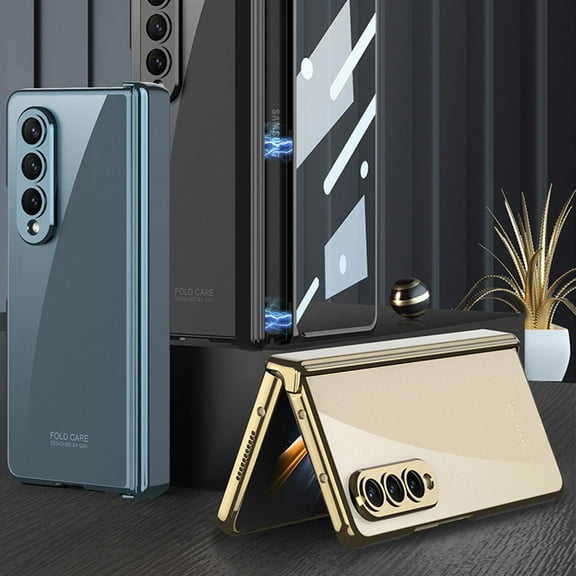 For Samsung Galaxy Z Fold 4 Luxury Plating PC Magnetic Phone Case Hinge Glass Pen Holder Slot Case Cover