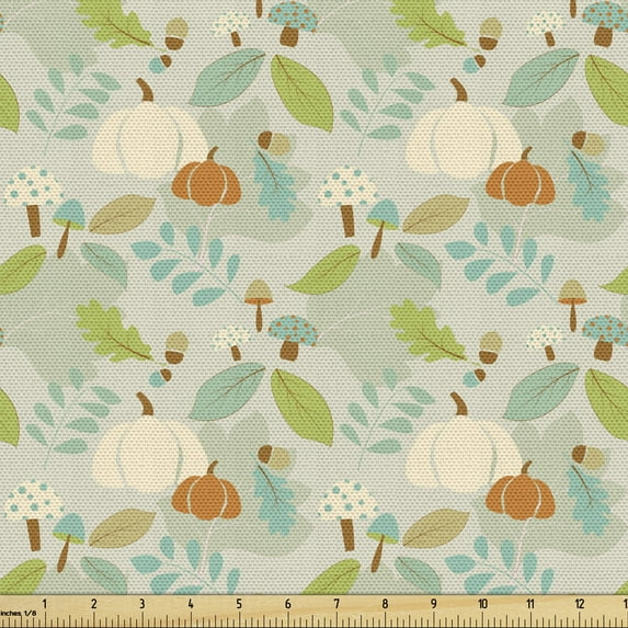 Botanical Fabric by the Yard Upholstery, Cartoon Hand-drawn Autumn Elements Dotted Mushrooms and Browning Tree Leaves, Decorative Fabric for DIY and Home Accents, Multicolor by Ambesonne
