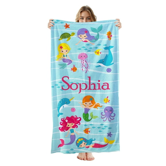 Personalized Beach Towels for Kids - Custom Beach Towels with Name- Ultra Absorbent Super Soft Swimming Towels for Kids, Customized Bath/Pool/Beach Towel for Girls (Mermaid)