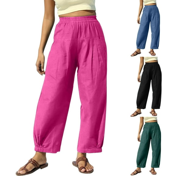 Lovskoo Womens Loose Fitting Cotton Linen Haren Pants High Waisted Wide Leg Casual Pants Black