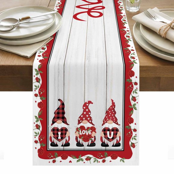 Valentine's Day Table Runner - 36 Inch Long, Kitchen Dining Table Runner Dresser Scarves, Vintage Love Heart Romantic Roses Gnomes Farmhouse Decor for Coffee Tables Wedding Party Banquet