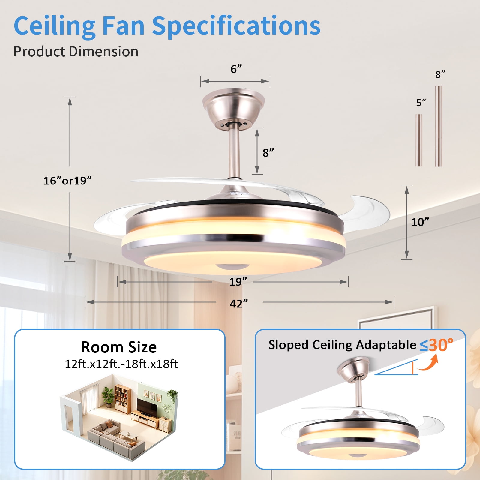 Smart Retractable Ceiling Fan with Light, 42 Inch Fandelier Remote Control, 3 Color Temperature Dimmable LED, 6 Speed Quiet Reversible DC Motor for Bedroom Living Room Kitchen