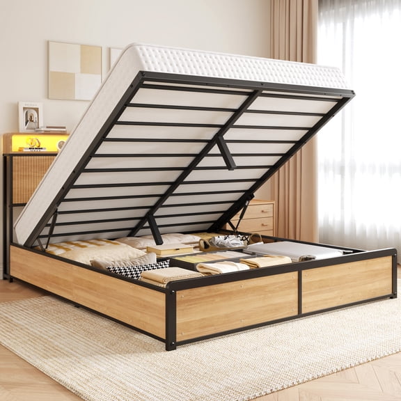 Isvyn Gas Lift Storage Bed Frame with LED Headboard, Metal Platform Bed with Charging Station,Queen, Beige
