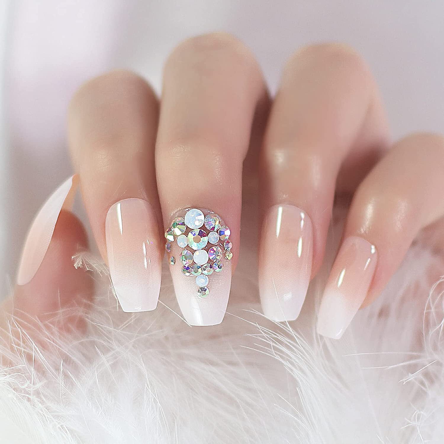Nude Ombre White French 3D Crystal Press On Nails, Long Coffin Rhinestones Fake Nails Set