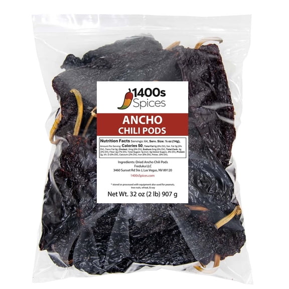 2lb Ancho Dried Whole Chile Peppers, Bulk Chili Seco Pods by 1400s Spices