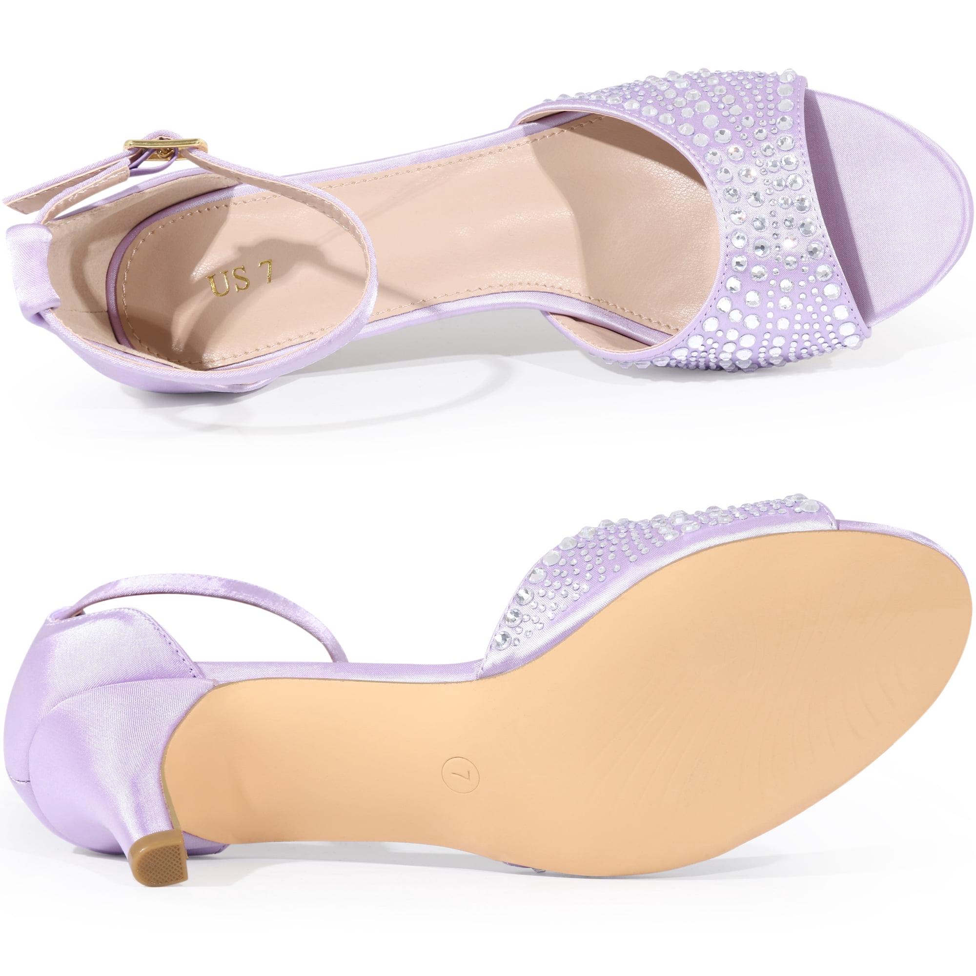 DARING DIVA Women's Rhinestone Ankle Strap Kitten Heel Satin Sandals Purple 7.5