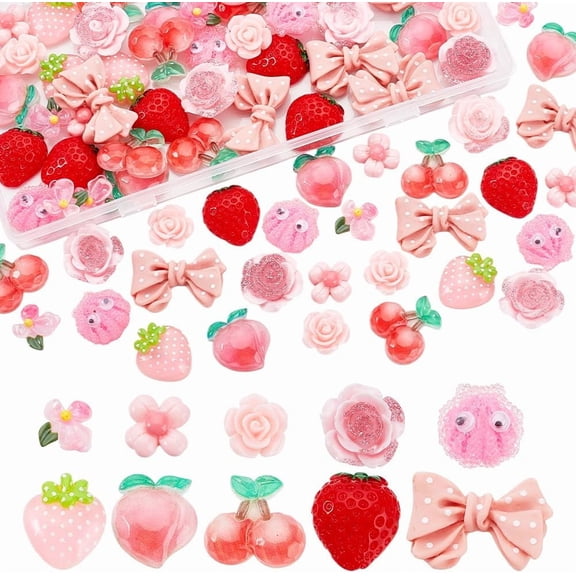 80Pcs 10 Styles Case Charms Kit Pink Rose Resin Cabochons Cute Slime Decoden Charms Flatback Resin Charm