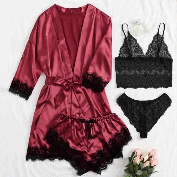TopLLC Sexy Lingerie Lingerie Bodysuit Set Women Lace Satin Wireless Bra Camisole Shorts Pajamas Robe Four Piece Set