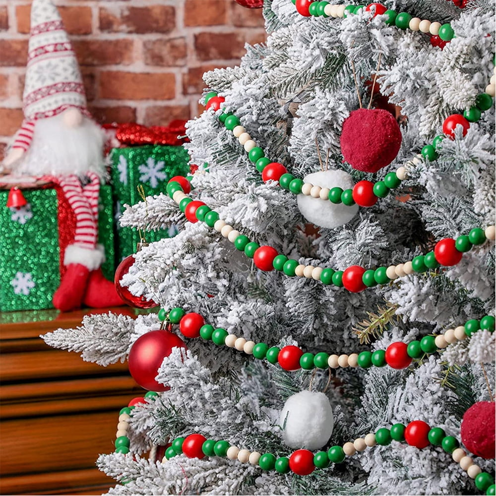 7-Foot Rustic Bright Red, White and Green Wood Bead Garland Christmas Tree Decoration - Decorative Vintage Style Wooden Beads for Everyday Country