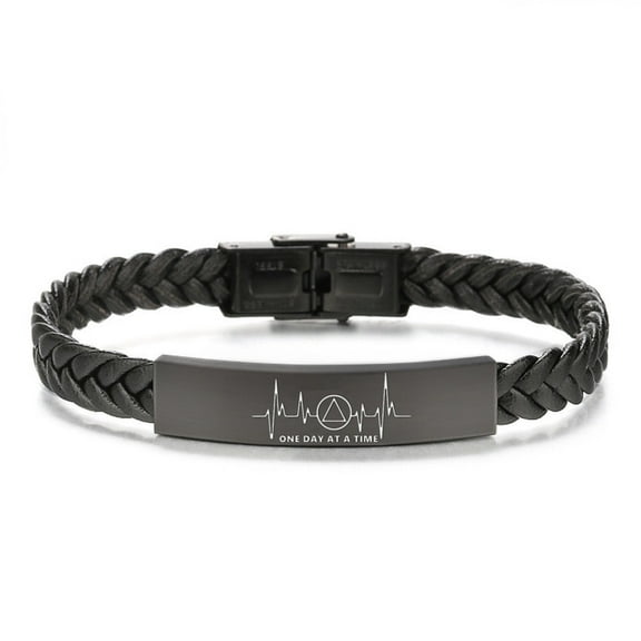 Dainty Black Leather AA Sobriety Bracelet for Men Women, One Day At A Time Reminder Bangle, Inspiring Recoverying Jewelry for Recovery