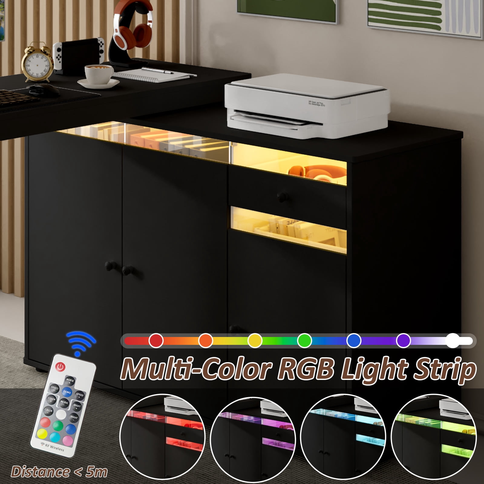 Advwin 53" Rotating L-Shaped Computer Desk with LED Light, Storage Cabinet, Drawer & Shelves, Modern Study Writing Table, Home Office Bedroom Workstation for Small Space, Black