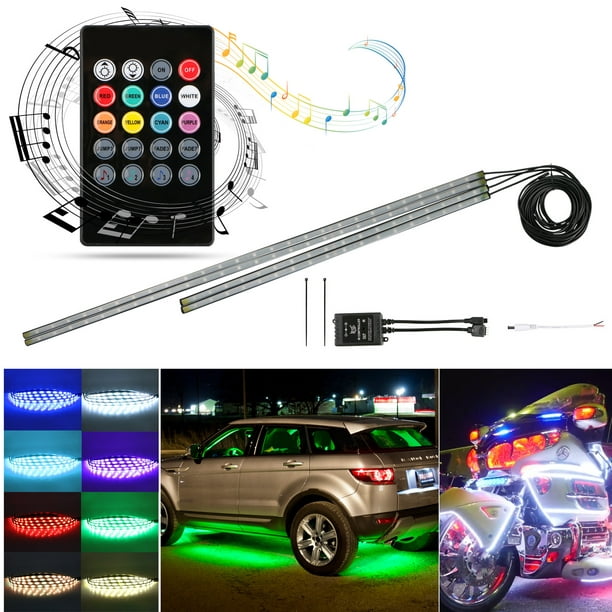 4pcs voiture LED néon sous la voiture lueur lumière sous-lumineuse  atmosphère décorative barre de kit de lumières, 5050 SMD système de  soubassement tube étanche avec activation sonore 