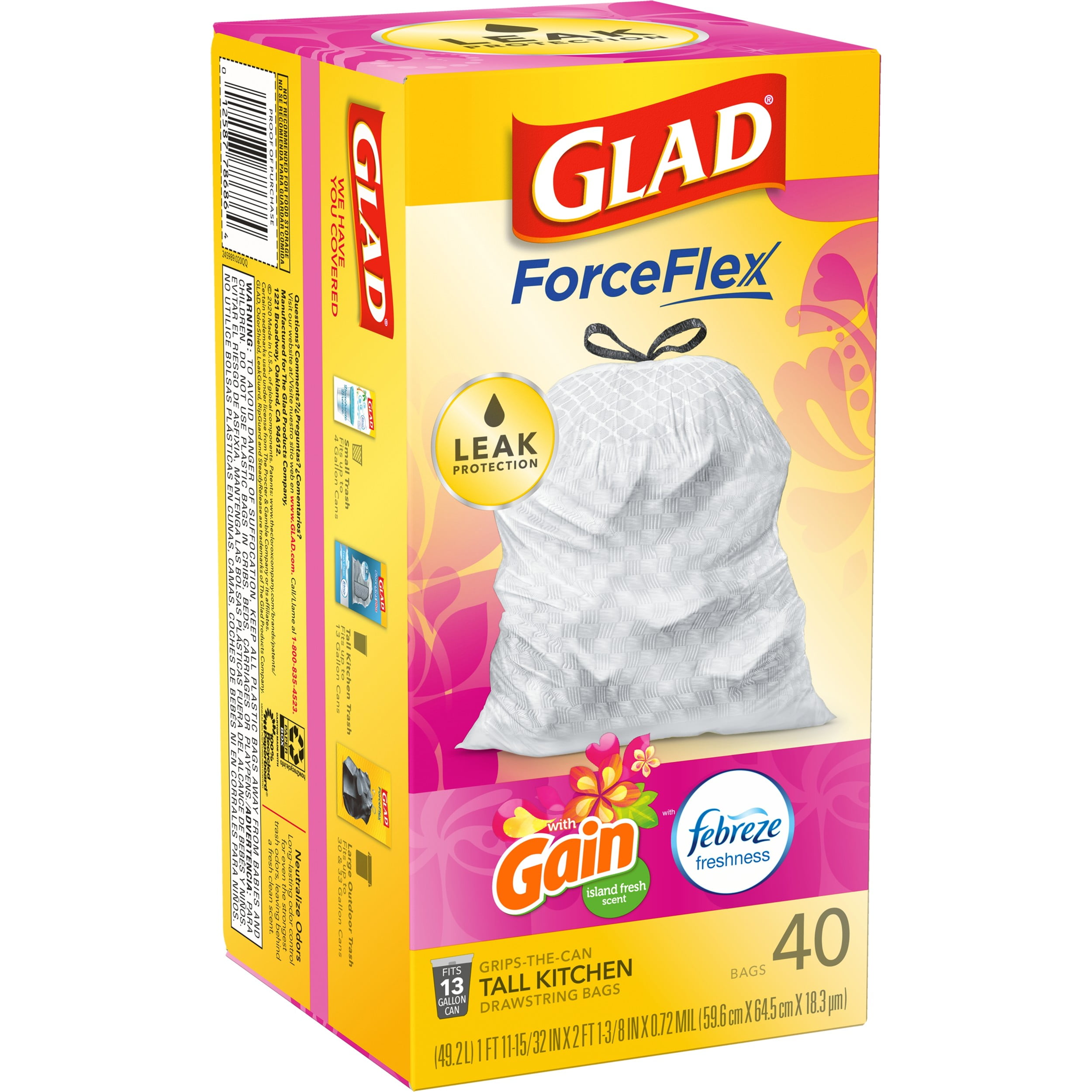 Glad ForceFlex with Febreze Gain Original Scent Tall Kitchen Drawstring  Trash Bags, 40 ct - Pick 'n Save