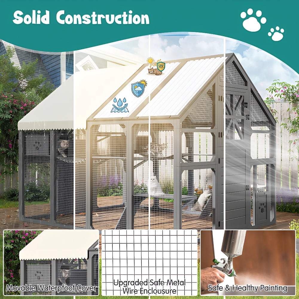 Large Wooden Outdoor Catio, Walk-in Cat Enclosure with 8 Platforms, 2 Insulated Resting Boxes & Bridges, All Weather PVC Roof Cat House for Multiple Cats