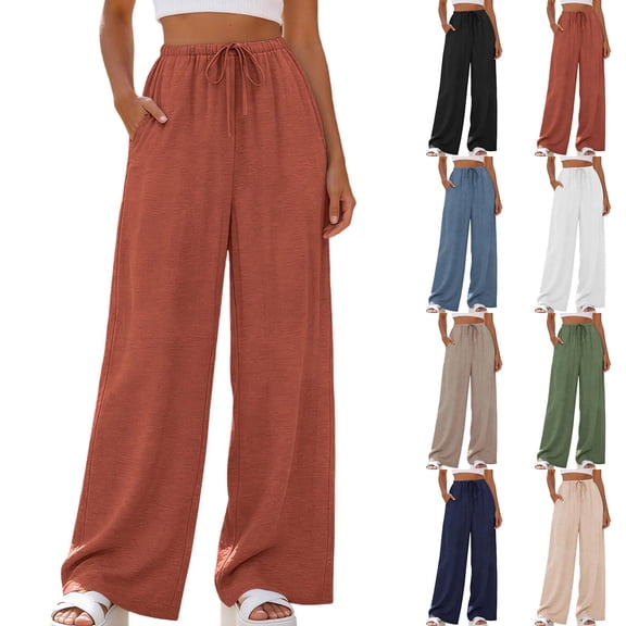 Wide Leg Pants for Women Flowy Palazzo Drawstring Elastic Waist Trousers with Pockets Summer Beach Vacation Clothes White