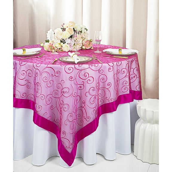 Wedding Linens Inc. 85"x85" Embroidered Organza Sheer Table Overlay Toppers - Fuchsia