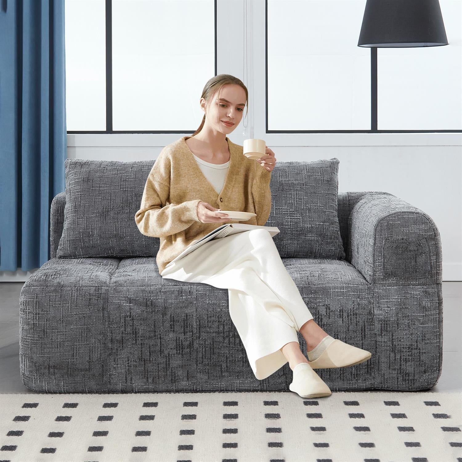 Demi Bonn 62" Plush Chenille Loveseat Sofa, Modular Sleeper for Living Room, Bedroom, Apartment Lounge, Stylish & Comfortable Couch, Gray