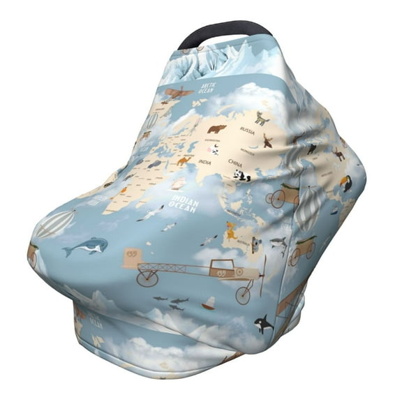 Fotbe Animals Travel World Map Pattern Car Seat Covers for Babies, Nursing Breastfeeding Cover Infant Carseat Canopy, Soft Stretchy Carrier Cover