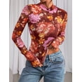 thumbnail image 2 of Blusa PRETTYGARDEN Mujer Malla Floral Manga Larga Marrón Naranja, 2 of 9