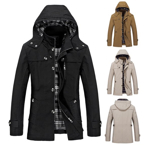 Men's Canvas Cotton Casual Field Jacket Windbreaker Windproof Business Outerwear with Removable Hood Mid Long office Trench Coat Big and Tall Size M-5XL Khaki