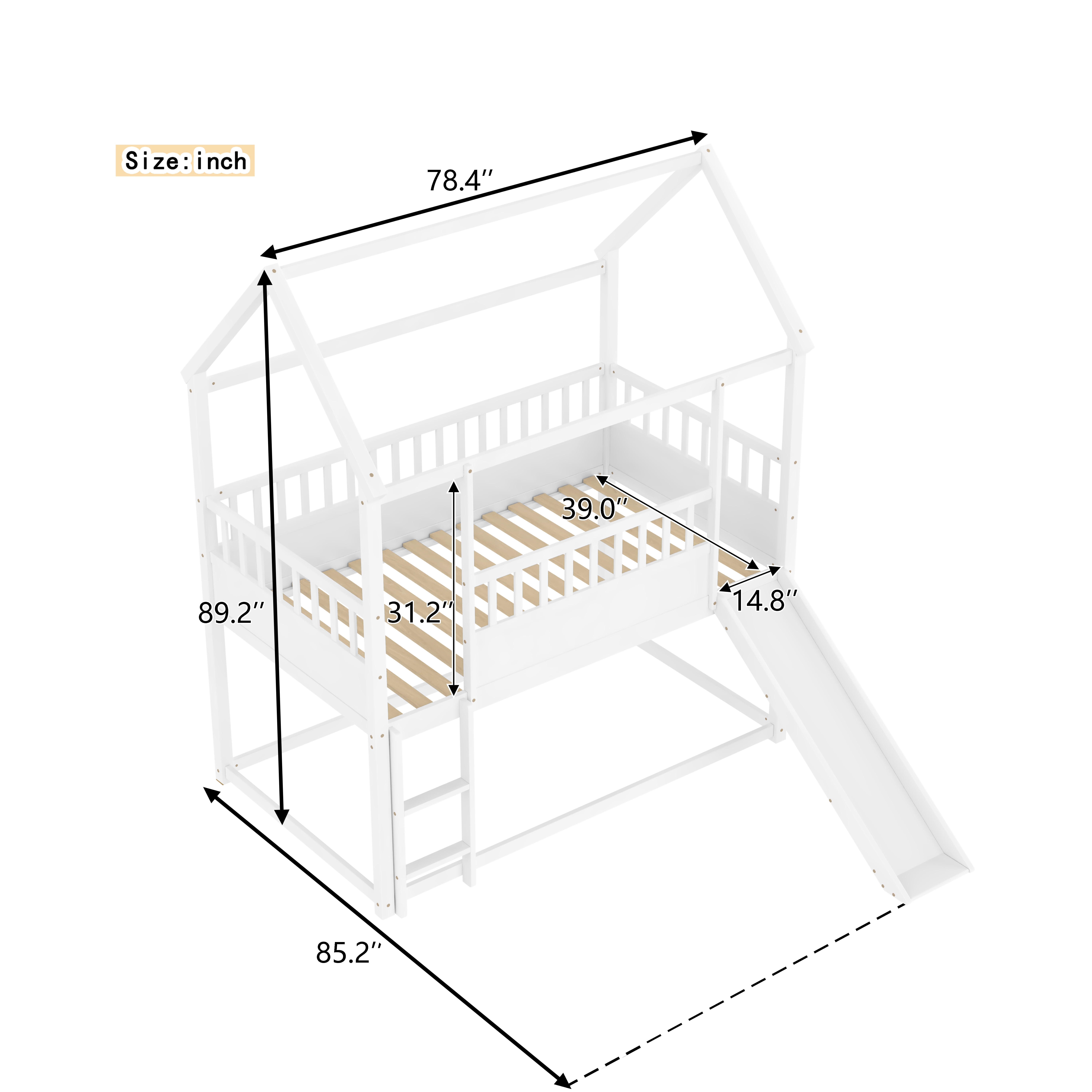 Bunk Bed with Slide, House Bunk Bed, Twin Over Twin Bunk Bed with Ladder and Safety Guardrail, Solid Wood Frame, White