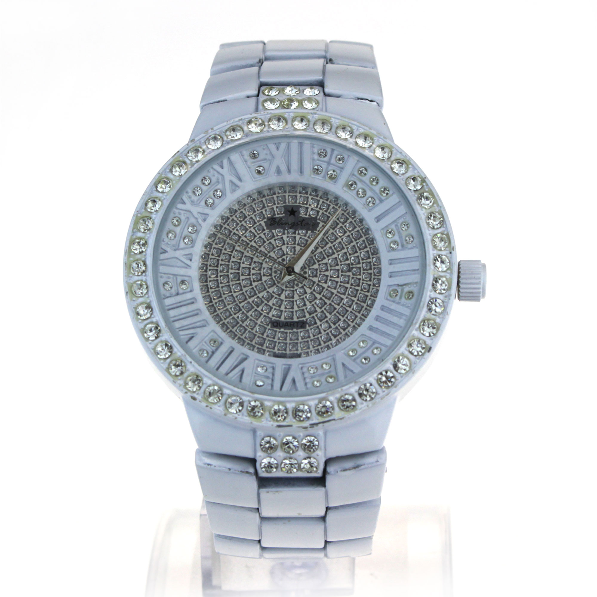 Iced Out Bling Luxury Baller White Index Round Analog Metal Watch