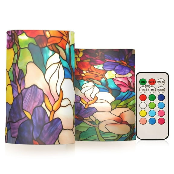 Stained Glass Floral Print Flickering Flameless Candles Battery Operated with Remote Timer LED Pillar Candles Set of 2