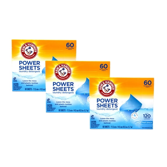 3 Pack - ARM & HAMMER Power Sheets Laundry Detergent, Fresh Breeze 60 ct, up to 120 small loads