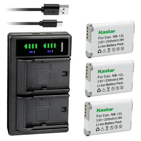 Kastar 3-Pack Battery and LTD2 USB Charger Replacement for Canon NB-12L NB-12LH Battery  Canon CB-2LG CB-2LGE Charger  Canon PowerShot G1 X Mark II  PowerShot N100  VIXIA mini X (LEGRIA mini X) Camera