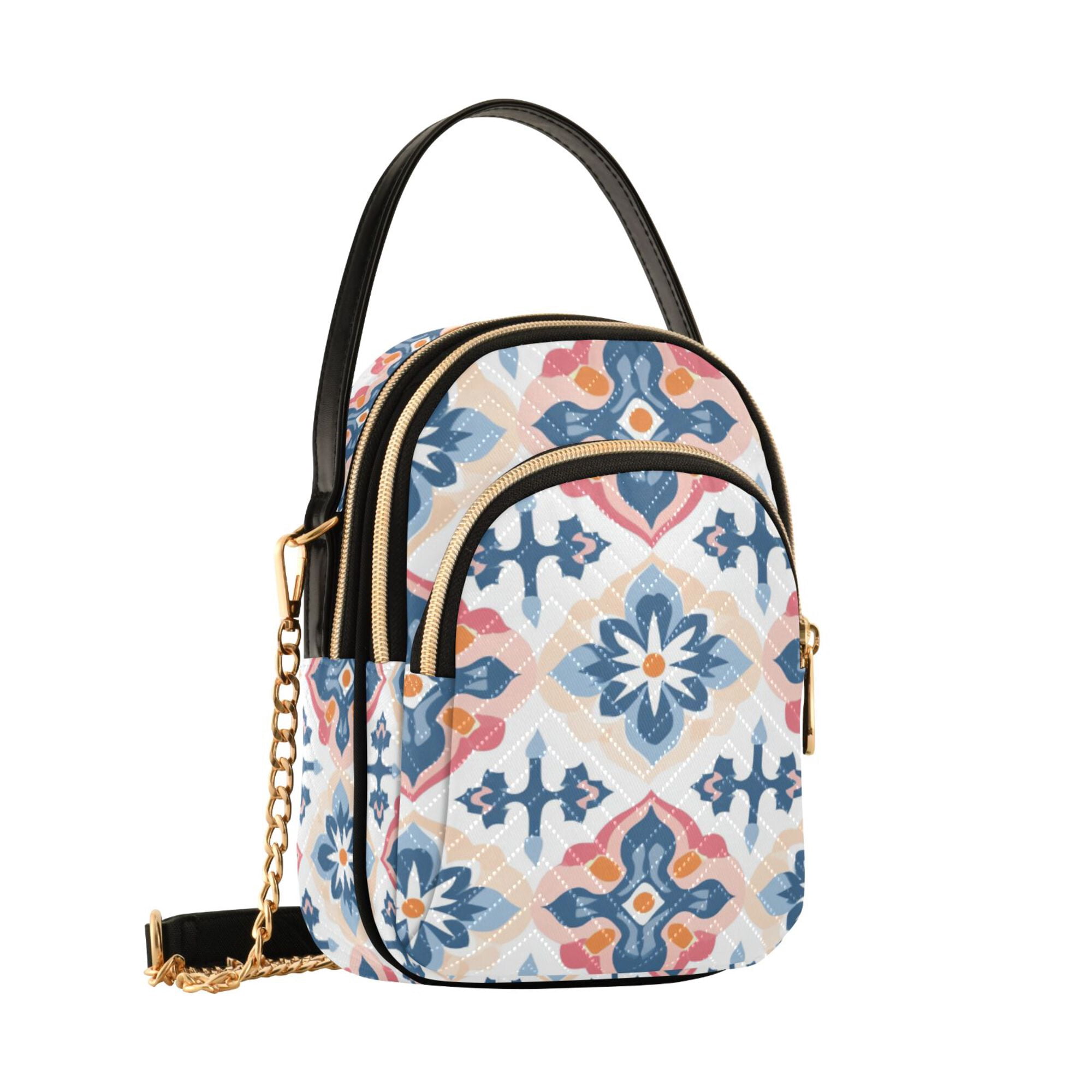FORMRS Crossbody Bag for Women Quilted Travel Shoulder Cell Phone Purse with Chain Strap Handbag, Navy Blossom Mosaic