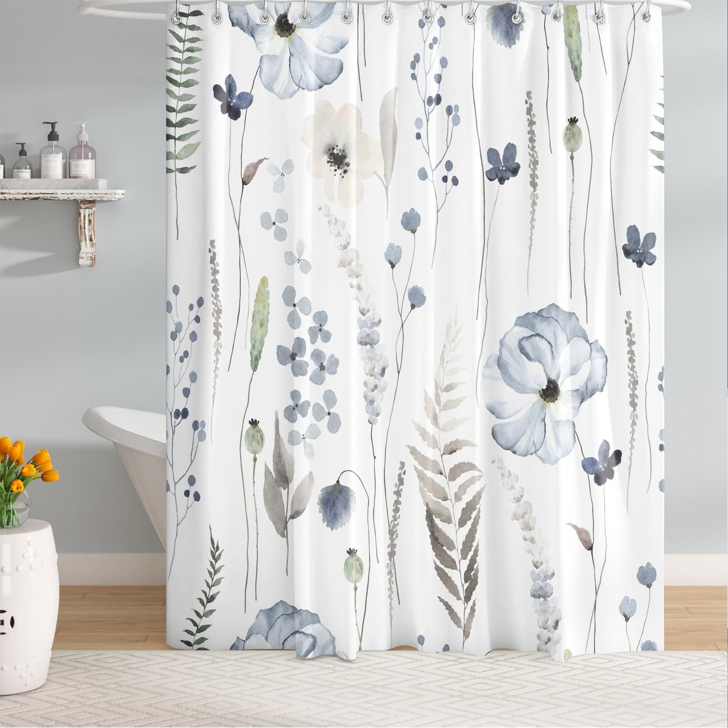 Blue Watercolor Floral Shower Curtain 72 x 72 Inch, Waterproof Fabric Flowers Shower Curtain for Bathroom, Minimalist Wildflower Shower Curtain with 12 Hooks