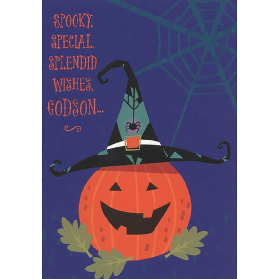 Designer Greetings Spooky, Special, Splendid Wishes: Grinning Pumpkin and Hat Halloween Card for Adult Godson