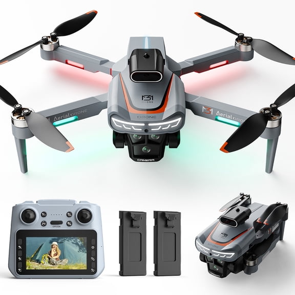 Drone with 4.3" Screen on Remote, Foldable Wefone M3, HD Camera, Obstacle Avoidance, Brushless Motor, Optical Flow, Lightweight, 2 Batteries, Gray