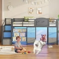 thumbnail image 3 of Low Loft Bed with Storage Stairs Drawers & Bookshelf, LED Metal Bed Frame with Charging Station and Under bed Storage Blue& Black, 3 of 11