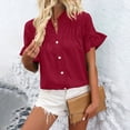 thumbnail image 5 of Timegard Tops for Women Ruched Ruffle Short Sleeve Stand Collar Shirts Casual Loose Button up Blouse, 5 of 5