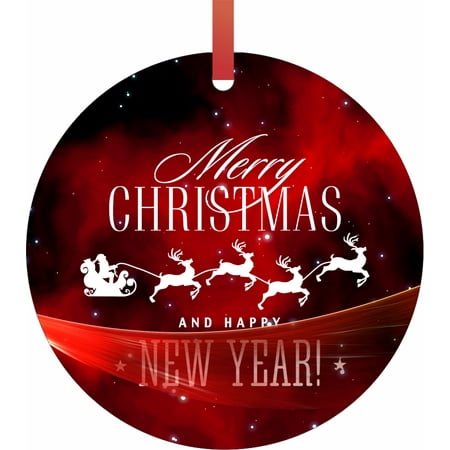 New Sleigh - Merry Christmas and a Happy New Year Santa and Reindeer Sleigh Double Sided Round Shaped Flat Aluminum Glossy Christmas Ornament Tree Decoration