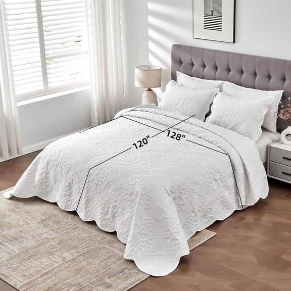 Oversized King Bedspread Set Pure White 128x120 Lightweight Quilted Coverlet with Pillow Shams for Tall Beds