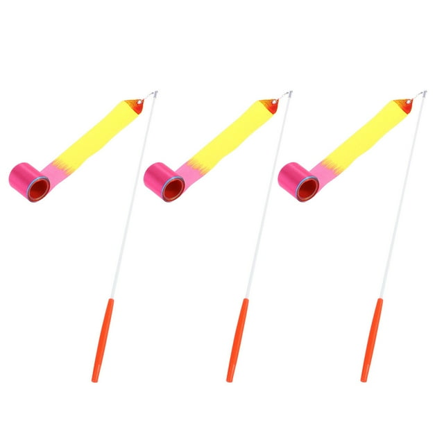 CIMAXIC gym ribbon 3pcs 4 Meters Rhythmic Art Gymnastics Ribbon with Stick Children Dancing Streamers Riband Twirling Rod(Horizontal Stripe),157.48"X1.77"X0.04"