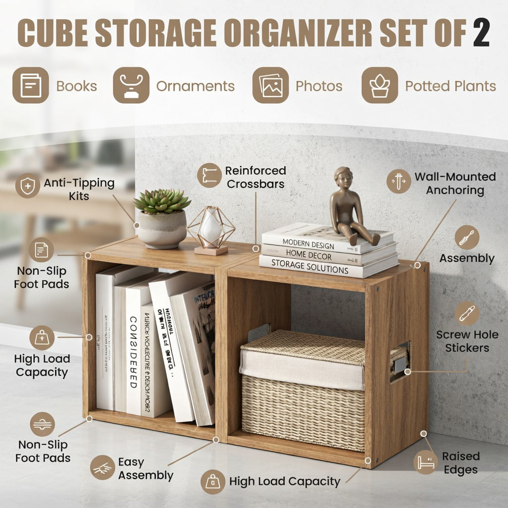 Spaco 2 Cubes Stackable Bookcase for Living Room and Study-Natural, Tall Bookshelf, Shelves for Living Room, Home Office, Bedroom, Balcony