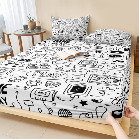 Twin Sze Fitted Sheet Set - Video Game 2 Piece Bedding Sets 16" Deep Pocket Fitted Sheet with 1 Pillowcase, Black White Game Controller Monochrome Brushed Microfiber Hotel Luxury Bed Sheets