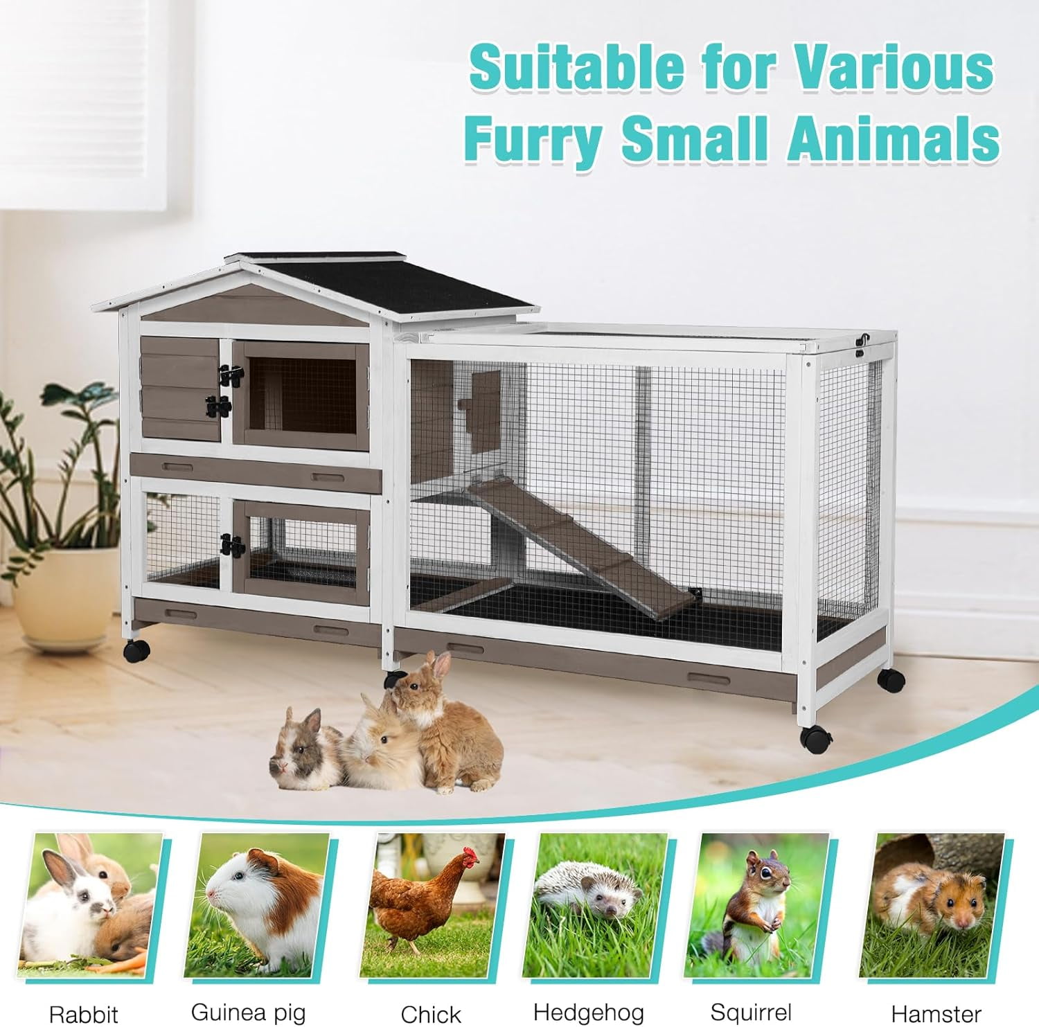 Aivituvin 62" Rabbit Hutch with Chew-Proof Ramp & Waterproof Roof - Indoor/Outdoor Bunny Cage, 2-Story Design, 6 Lockable Caster Wheels & Dual Pull-Out Trays (Brown)