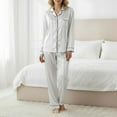 thumbnail image 6 of Wang6 Satin Pajamas for Women Sets Soft Silk Pjs Lounge Set 2 Piece Long Sleeve Button down V Neck Shirts Wide Leg Pants Loose Stripe Printed Sleepwear Nightwear Sets White XL, 6 of 8