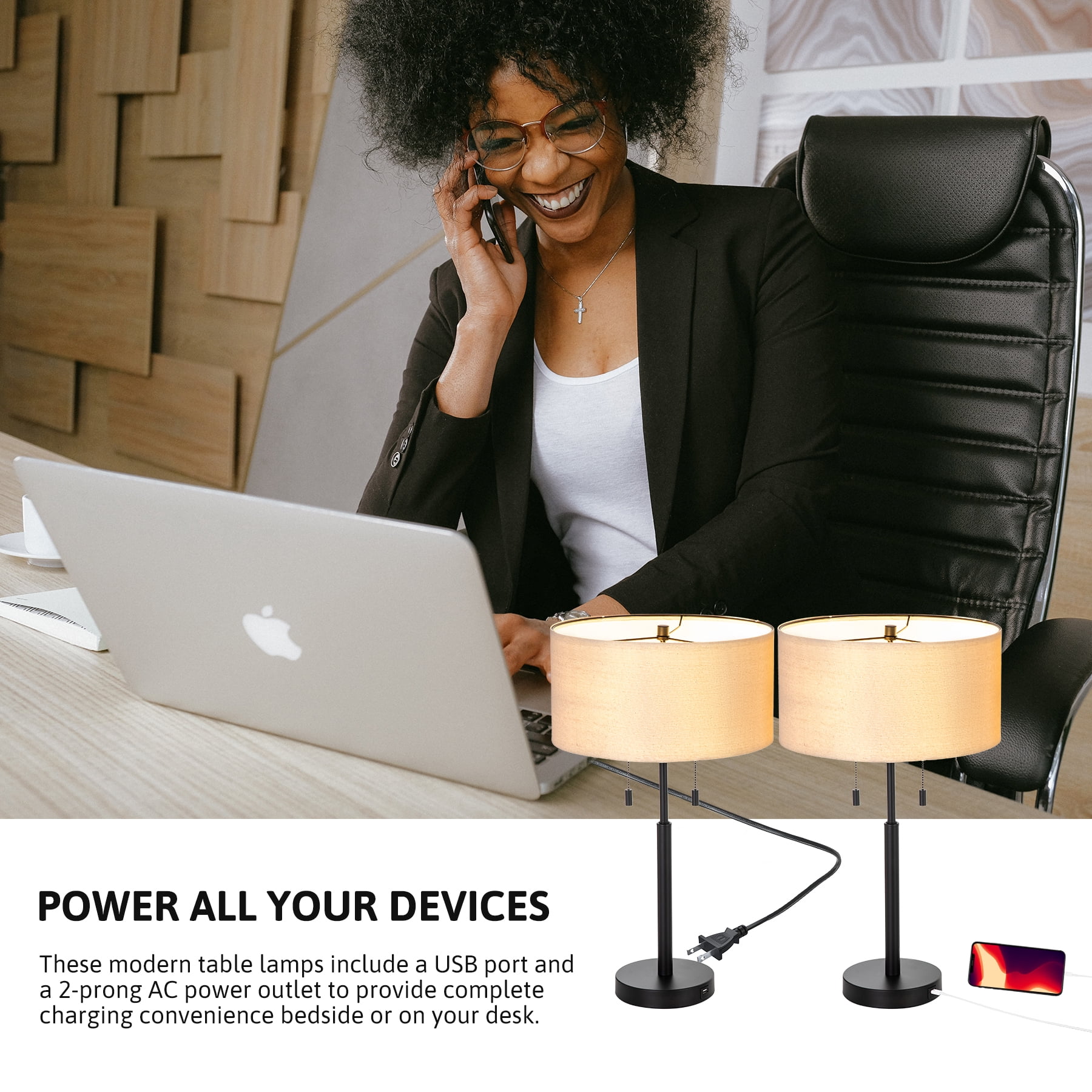 Bestco 24" Table Desk Lamps w USB Port & AC Outlet for Home Office Decor, Set of 2