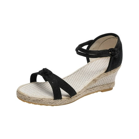 

LWVITH Clearance! Women s Wedge Shoes Open Toe Espadrille Hessian Mid Heels Sandals Slingback Casual Fashion Ankle Strap Platform Summer Shoes Clearance #02 Black 6.5